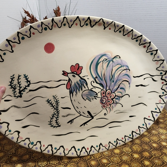 Hand Painted Oval Art Pottery Serving Platter Rooster - Picture 10 of 15